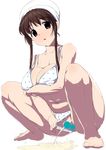  bikini breasts brown_eyes brown_hair censored huge_breasts kneeling long_hair namamo_(kura) navel original pee peeing polka_dot polka_dot_bikini polka_dot_swimsuit simple_background solo squatting swimsuit 