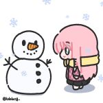  1girl black_skirt blue_eyes bocchi_the_rock! chibi chibi_only closed_mouth coat commentary from_side full_body gotoh_hitori highres long_hair lulalang one_side_up pink_coat pink_hair scarf simple_background skirt smile snowflakes snowing snowman solo standing symbol-only_commentary twitter_username white_background winter yellow_scarf 