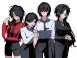  4girls aomi_(ooe) ariake_(ooe) black_hair black_necktie black_pants black_shorts black_skirt black_suit black_thighhighs blazer breasts commentary_request cowboy_shot eyeliner eyepatch genderswap genderswap_(mtf) hair_intakes hair_over_one_eye hair_over_shoulder hand_up hands_in_pockets hands_on_another's_arm hands_up highres jacket kyon_(kyonrp33f) large_breasts long_hair long_sleeves looking_at_viewer makeup multiple_girls necktie one_eye_covered ooe_(game) oosaki_(ooe) open_mouth pants parted_bangs red_eyeliner red_eyes red_shirt round_eyewear shinbashi_(ooe) shirt short_hair shorts simple_background skirt sleeves_rolled_up suit thighhighs three-quarter_sleeves very_long_hair white_background white_shirt 