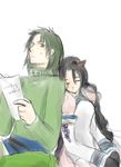  1boy 1girl animal_ears black_hair breasts dress eyes_closed gloves green_eyes green_hair hilda_rhambling horns long_hair pants sleeping tales_of_(series) tales_of_rebirth tytree_crowe 