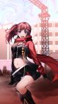  1girl :d absurdres asymmetrical_clothes black_gloves black_jacket black_shirt black_skirt breasts cleavage commentary crop_top day english_commentary gloves grey_pantyhose hair_ribbon hanabi_ichijou highres jacket long_hair medium_breasts midriff multiple_thigh_straps navel nivel-floss open_clothes open_jacket open_mouth outdoors pantyhose pouch purple_eyes red_hair red_jacket red_ribbon red_scarf red_sleeves ribbon scarf scarlet_nexus shirt side_ponytail sidelocks single_leg_pantyhose skirt smile solo standing teeth thigh_strap upper_teeth_only 