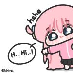  1girl black_skirt blue_eyes bocchi_the_rock! chibi chibi_only closed_mouth commentary gotoh_hitori highres jacket long_hair looking_at_viewer lulalang one_side_up pink_hair pink_jacket simple_background skirt smile solo speech_bubble standing symbol-only_commentary twitter_username waving white_background 