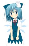  blue_eyes blue_hair blush cirno clothes_grab cowboy_shot cursor disembodied_limb flying_sweatdrops looking_down no_nose oniku_(shimofuri-ke) petting short_hair simple_background solo_focus touhou white_background wings 