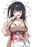  2girls ^_^ absurdres akane_lize black_bra black_hair bra bra_peek breast_rest breasts breasts_on_head brown_shirt brushing_teeth choppy_bangs cleavage closed_eyes commentary dated_commentary grin haedungi_(shirayuki_hina) hand_up highres holding holding_toothbrush huge_breasts jitome long_hair long_sleeves multicolored_hair multiple_girls off-shoulder_shirt off_shoulder pajamas red_hair shirayuki_hina shirt simple_background single_bare_shoulder single_off_shoulder smile stellive streaked_hair toothbrush toothbrush_in_mouth unamused underwear virtual_youtuber white_background white_shirt yeomhwauranyum 