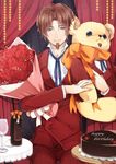  alcohol blue_eyes bouquet brown_hair cake cup curtains drinking_glass facial_hair fate/zero fate_(series) flower food formal goatee juugonichi_(wheeliex2) male_focus red_flower red_rose ribbon rose smile solo stuffed_animal stuffed_toy suit teddy_bear toosaka_tokiomi wine wine_glass 