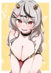  1girl animal_print black_collar black_streaks breasts cleavage collar commentary_request cosplay fang grey_hair hair_ornament hairpin highres hololive large_breasts long_hair looking_at_viewer lum lum_(cosplay) multicolored_hair oni_costume open_mouth red_eyes sakamata_chloe sidelocks skin_fang smile solo streaked_hair tiger_print urusei_yatsura virtual_youtuber x_hair_ornament yamaki_(yamaki801) 