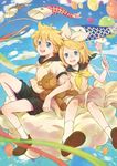  1girl ayame_(artist) bad_id bad_pixiv_id balloon blonde_hair blue_eyes brother_and_sister cloud dress hair_ornament hair_ribbon hairclip highres kagamine_len kagamine_rin kite koinobori necktie open_mouth ribbon short_hair shorts siblings smile stuffed_animal stuffed_toy teddy_bear twins vocaloid wand yellow_neckwear 