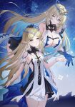  2girls absurdres bare_shoulders black_dress blonde_hair blue_eyes blue_hair blue_sky breasts cartethyia_(wuthering_waves) cleavage closed_mouth colored_inner_hair commentary_request crown_of_thorns dress dual_persona earrings fleur-de-lis fleurdelys_(wuthering_waves) floating_earrings hair_intakes highres jewelry lao_xi large_breasts long_hair looking_at_viewer multicolored_hair multiple_earrings multiple_girls necklace night outdoors parted_bangs parted_lips pointy_ears sky small_breasts smile star_(sky) starry_sky tabard tacet_mark_(wuthering_waves) very_long_hair white_tabard wuthering_waves 