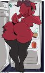 2025 alcohol_bottle anthro appliance bent_over black_eyeshadow blue_eyes bovid breasts butt caprine clothing eyeshadow female freckled_face freckles fridge goat hand_on_butt hi_res hooves horn kitchen_appliance legwear love_dead_man makeup mammal pasties sally_(love_dead_man) signature small_breasts solo stockings tail thong underwear yellow_sclera
