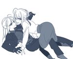  ahoge artoria_pendragon_(all) bad_id bad_pixiv_id casual danbi2021 dress dual_persona fate/stay_night fate/zero fate_(series) formal gloves hair_ribbon long_hair monochrome multiple_girls necktie pant_suit pantyhose ponytail reverse_trap ribbon saber selfcest suit yuri 