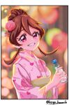  1girl absurdres alternate_hairstyle black_border blurry blurry_background border commentary depth_of_field floral_print flower grin hair_flower hair_ornament hair_up highres japanese_clothes kengo_kumaxile kimi_to_idol_precure kimono looking_at_viewer musical_note musical_note_print obi pink_flower pink_kimono precure print_kimono ramune sakura_uta_(precure) sash short_hair smile solo twitter_username upper_body yukata 