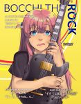  absurdres ahoge black_shirt blue_eyes bocchi_the_rock! circle cube_hair_ornament english_text gotoh_hitori guitar hair_ornament highres holding holding_guitar holding_instrument instrument long_hair looking_at_viewer nach0art pink_hair shirt short_sleeves spanish_text upper_body wavy_mouth yellow_background 