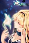  banned_artist blonde_hair checkered flower glowing hairband holding jewelry lily_(flower) linia_pacifica long_hair lowres necklace outstretched_hand red_eyes reum silhouette solo sword_girls 