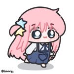  1girl :3 blue_dress blue_eyes bocchi_the_rock! chibi chibi_only closed_mouth commentary dress english_commentary full_body gotoh_hitori hair_ornament highres long_hair lulalang one_side_up pink_hair shirt simple_background smile solo standing standing_on_one_leg star_(symbol) star_hair_ornament twitter_username white_background white_shirt 