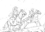  2boys absurdres alternate_costume clothing_request collared_shirt cowboy cowboy_hat disco_elysium dutch_angle full_body glasses greyscale hand_on_own_hat harry_du_bois hat highres holding holding_reins horseback_riding jacket kim_kitsuragi lasso leaning_forward male_focus meadow monochrome multiple_boys necktie outdoors reins riding shirt thatuglymeme 