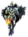  1boy armor armored_skirt breastplate commentary damaged fire fireball flaming_eyes full_body funbolt gauntlets greaves gundam helmet humanization knee_armor knight looking_at_viewer mixed-language_commentary no_pupils redesign shadow shoulder_armor simple_background sketch solo spiked_helmet turn_a_gundam turn_x walking_towards_viewer white_background x_(symbol) yellow_eyes 
