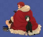  black_hair blush book cape chihare_27 controller eating fate/zero fate_(series) green_eyes male_focus multiple_boys red_eyes red_hair remote_control rider_(fate/zero) senbei sitting waver_velvet 