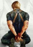  ... 1boy arms_behind_back ben-day_dots black_pants black_shirt blonde_hair bound bound_wrists from_behind full_body highres itssanlee kneeling leon_s._kennedy lipstick_mark lipstick_mark_on_arm male_focus pants red_ribbon resident_evil resident_evil_4 ribbon screentones shirt shoes short_sleeves solo 
