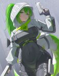  1girl absurdres arknights arknights:_endfield black_bodysuit black_gloves bodysuit breasts bright_pupils commentary covered_navel cowboy_shot dual_wielding dutch_angle facing_to_the_side fingerless_gloves fluorite_(arknights) gloves green_eyes green_hair gun handgun highres holding holding_gun holding_weapon holster hood hood_up hooded_shrug large_breasts long_hair long_sleeves looking_at_viewer looking_down parted_lips ponytail rain shrug_(clothing) snake_tail solo spam_(spamham4506) tail thigh_gap thigh_holster weapon white_pupils white_shrug 