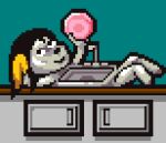 alexis_wasilla animate_inanimate anthro appliance bent_legs black_hair black_nose cabinet canid canine canis countertop digital_drawing_(artwork) digital_media_(artwork) dingaling_productions domestic_dog faucet featureless_crotch female female_anthro glistening glistening_body grey_body hair holding_object kitchen kitchen_counter kitchen_sink lisa_the_painful living_appliance long_hair low_res lying mammal metallic_body nude on_back on_counter pixel_(artwork) plate shaded sink sinkdog solo surrealism towel what white_body