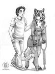  anthro canine couple crutch duo female fox greyscale help human kacey male mammal monochrome plain_background walking wounded 