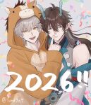  2026 2boys absurdres arm_up blue_eyes caelus_(honkai:_star_rail) chinese_zodiac closed_mouth commentary_request confetti cosplay cowboy_shot dan_heng_(honkai:_star_rail) dan_heng_(imbibitor_lunae)_(honkai:_star_rail) detached_sleeves double-parted_bangs dragon_horns earrings eastern_dragon_horns finger_to_another's_mouth grey_hair hair_between_eyes highres honkai:_star_rail honkai_(series) horns jewelry kigurumi long_pointy_ears long_sleeves looking_at_viewer lune9q9 male_focus mandarin_collar multiple_boys official_alternate_costume open_mouth piercing pointy_ears teeth trailblazer_(honkai:_star_rail) triangle_mouth twitter_username upper_teeth_only year_of_the_horse yellow_eyes zipper_pull_tab 