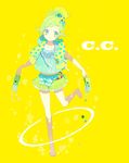  barefoot c.c._lemon c.c._lemon_(character) gomas green_eyes green_hair highres holding holding_shoes navel ponytail ribbon see-through shoes shoes_removed short_hair skirt smile solo vest yellow_background 
