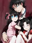  2girls bad_id bad_pixiv_id black_hair blue_eyes child child_carry family fate/zero fate_(series) father_and_daughter hair_bobbles hair_ornament hair_ribbon highres ikamera long_hair matou_sakura multiple_girls pantyhose ribbon short_twintails siblings sisters toosaka_rin toosaka_sakura toosaka_tokiomi twintails younger 