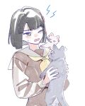  1girl animal animalization biting_another's_hair biting_hair black_cat black_hair blue_eyes blunt_bangs blunt_ends bob_cut brown_dress cat ceras_yanagida_lilienfeld commentary_request dress ear_wiggle edel_note green_eyes hair_ornament hasu_no_sora_school_uniform highres holding holding_animal holding_cat jitome katsuragi_izumi link!_like!_love_live! long_sleeves looking_at_another love_live! momose_ginko neckerchief one_eye_closed orange_eyes peanut_mouth pink_ribbon pipi_(m1x_mix) ribbon sailor_collar sailor_dress school_uniform short_hair shout_lines solo triangle_hair_ornament virtual_youtuber white_cat white_sailor_collar winter_uniform yellow_neckerchief 