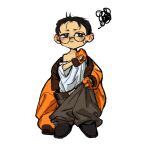  1boy aged_down baggy_pants black_hair blush bomber_jacket brown_eyes disco_elysium ear_blush frown full_body gloves highres jacket kim_kitsuragi looking_to_the_side male_focus orange_gloves orange_jacket oversized_clothes pants shirt short_hair solo standing sweatdrop uni_barti white_shirt 