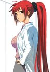  breasts brown_eyes hand_on_hip highres hirokiku labcoat large_breasts long_hair looking_at_viewer mouth_hold original ponytail red_hair scrunchie shirt solo striped striped_shirt very_long_hair 