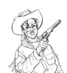 1boy absurdres alternate_costume antique_firearm beard_stubble cowboy cowboy_hat disco_elysium facial_hair firelock flintlock glasses greyscale gun handgun hat highres holding holding_gun holding_weapon jacket kim_kitsuragi looking_at_viewer male_focus monochrome scarf serious solo stubble thatuglymeme upper_body weapon 