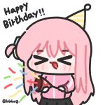  >_< 1girl black_skirt bocchi_the_rock! chibi chibi_only closed_eyes confetti cowboy_shot facing_viewer gotoh_hitori happy happy_birthday hat highres holding holding_party_popper jacket long_hair lulalang mini_hat mini_party_hat one_side_up open_mouth party_hat party_popper pink_hair pink_jacket simple_background skirt smile solo twitter_username white_background 