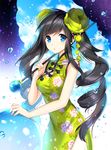  :o black_hair blue_eyes china_dress chinese_clothes cloud day dress drill_hair floral_print hair_ornament long_hair looking_at_viewer nardack original side_slit sidelocks solo twintails water_drop 