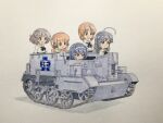  5girls ahoge akiyama_yukari atelier_bono black_hair black_necktie blue_eyes brown_eyes brown_hair caterpillar_tracks closed_mouth commentary_request emblem girls_und_panzer graphite_(medium) grey_hair gun headphones highres isuzu_hana long_hair machine_gun military military_uniform military_vehicle motor_vehicle multiple_girls neckerchief necktie nishizumi_miho ooarai_school_uniform open_mouth rear-view_mirror reizei_mako ribbon school_uniform short_hair simple_background smile takebe_saori tank traditional_media translation_request vehicle_request weapon 