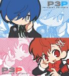  1boy 1girl :/ :d armband asymmetrical_bangs ben-day_dots black_jacket blue_hair blush_stickers bored bow bowtie brown_hair chibi chibi_only closed_mouth collage collared_shirt commentary_request deformed dot_nose expressionless gekkoukan_high_school_uniform green_ribbon grey_eyes hair_ornament hair_over_one_eye hairclip hand_on_own_cheek hand_on_own_face hand_up jacket korean_commentary lapels long_sleeves looking_at_viewer neck_ribbon notched_lapels open_clothes open_jacket open_mouth persona persona_3 persona_3_portable ponytail red_armband red_bow red_bowtie red_eyes ribbon school_uniform screentones shiomi_kotone shirt short_hair smile tofu_sando upper_body white_shirt x_hair_ornament yuuki_makoto_(persona_3) zoom_layer 