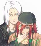  1boy 1girl bandana black_hat black_jacket black_shirt blue_shirt brown_eyes commentary commission dated deja_vu_(zxmm00310400) eyeliner green_eyes hair_between_eyes hand_on_another's_chin hat highres hikimayu jacket jewelry kaguya_kimimaro long_hair looking_at_viewer makeup naruto_(classic) naruto_(series) necklace orange_jacket red_eyeliner red_hair shirt tayuya_(naruto) watermark white_background white_hair 