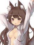  :o ahoge animal_ears blush breasts brown_hair cat_ears chestnut_mouth cleavage dress_shirt large_breasts long_hair no_bra open_clothes open_shirt original pink_eyes shirt simple_background solo stretch tsliuyixin tsurime uneven_eyes upper_body waking_up white_background 
