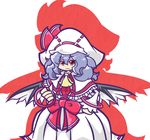  adenine_(artist) alternate_wings ascot bat_wings bow bracelet capelet curiosities_of_lotus_asia dress hat jewelry long_hair long_skirt long_sleeves purple_hair red_eyes remilia_scarlet skirt smile solo touhou white_dress wings 