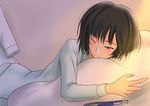  amagami black_hair blush bob_cut brown_eyes light_smile lying magazine murasaki_iro nanasaki_ai on_bed on_stomach one_eye_closed pajamas pillow pillow_hug short_hair solo 