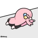  1girl black_skirt bocchi_the_rock! chibi chibi_only cube_hair_ornament facing_away from_behind full_body gotoh_hitori hair_ornament highres jacket long_hair lulalang lying on_stomach one_side_up pink_hair pink_jacket skirt solo twitter_username white_background 