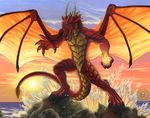  aggressive cliff dragon fireball front kacey male nude outside red red_eyes red_scales rock scalie sea sky solo spread_wings standing water wings 