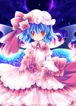  anna_(small_night) bat_wings blue_flower blue_hair blue_rose bouquet bow cloud dress eclipse embellished_costume flower hat hat_bow hat_flower long_sleeves looking_at_viewer night pink_dress red_eyes red_flower red_rose remilia_scarlet rose short_hair sky solar_eclipse solo touhou wide_sleeves wings 