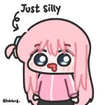  1girl arrow_(symbol) black_skirt blue_eyes bocchi_the_rock! chibi chibi_only cowboy_shot drooling gotoh_hitori highres jacket long_hair looking_at_viewer lulalang mouth_drool one_side_up open_mouth pink_hair pink_jacket simple_background skirt solo twitter_username white_background 