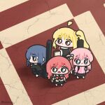  4girls absurdres ahoge black_shirt black_skirt blonde_hair blue_eyes blue_hair bocchi_the_rock! bow bowtie brown_eyes brown_shirt chibi chibi_only closed_mouth commentary cube_hair_ornament derivative_work detached_ahoge english_commentary expressionless from_above gotoh_hitori green_eyes guitar_case hair_ornament highres ijichi_nijika instrument_case jacket kessoku_band kita_ikuyo long_hair looking_at_viewer lulalang multiple_girls open_mouth pink_hair pink_jacket red_bow red_bowtie red_hair school_uniform shirt short_hair shuka_high_school_uniform side_ponytail skirt standing straight_hair turning_head twitter_username yamada_ryo yellow_eyes 