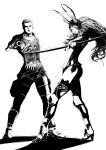  1boy 1girl aiming aiming_at_viewer animal_ears balthier black_leotard blade43883059 bow_(weapon) breasts clawed_feet closed_mouth commentary_request drawing_arrow final_fantasy final_fantasy_xii fran_(ff12) full_body gun helmet high_contrast high_heels highres holding holding_bow_(weapon) holding_gun holding_weapon leotard long_hair looking_at_viewer medium_breasts rabbit_ears rabbit_girl short_hair sidelocks veil vest viera weapon white_background 