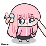  1girl black_skirt blue_eyes bocchi_the_rock! cheek_poking chibi chibi_only closed_mouth commentary english_commentary full_body gotoh_hitori hair_wagging highres jacket long_hair looking_at_viewer lulalang one_side_up out_of_frame pink_hair pink_jacket poking simple_background skirt solo_focus standing twitter_username white_background 