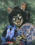  abstract_background asian_clothes fan feline female japanese_clothing kacey mammal one_eye_closed smile solo wink yukata 