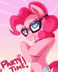  blue_eyes cutie_mark english_text equine eyewear female feral friendship_is_magic fur glasses hair horse kohtek looking_at_viewer mammal my_little_pony pink_background pink_fur pink_hair pink_theme pinkie_pie_(mlp) plain_background pony simple_background smile solo text 