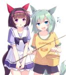  2girls absurdres animal_ears black_shorts blue_eyes blunt_bangs blush bow bowtie brown_hair bucket commentary_request ear_covers fish_hair_ornament fishing_rod grey_hair hair_between_eyes hair_ornament hairband highres holding holding_bucket holding_fishing_rod horse_ears horse_girl horse_tail kanzakietc multiple_girls musical_note nishino_flower_(umamusume) open_mouth pink_hairband pleated_skirt puffy_short_sleeves puffy_sleeves purple_bow purple_bowtie purple_eyes purple_shirt sailor_collar sailor_shirt school_uniform seiun_sky_(umamusume) shirt short_hair short_sleeves shorts simple_background skirt smile tail tracen_school_uniform umamusume white_background white_sailor_collar white_skirt x_hair_ornament yellow_shirt 